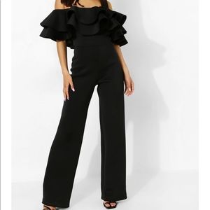 Wide Leg Ruffle Off The Shoulder Scuba Jumpsuit
